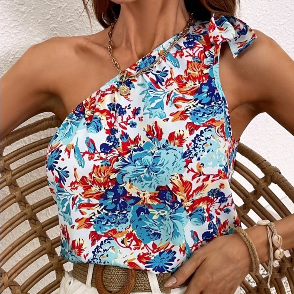 Boho Floral Print One Shoulder Top Blouse - Picture 5 of 15
